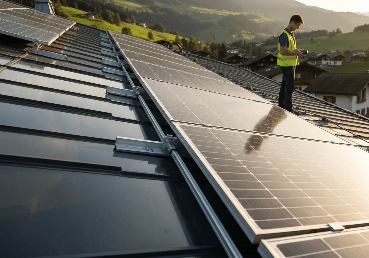 Installation solaire suisse : panneaux photovoltaïques sur toit de maison avec montagne en arrière-plan, technicien vérifiant les raccordements