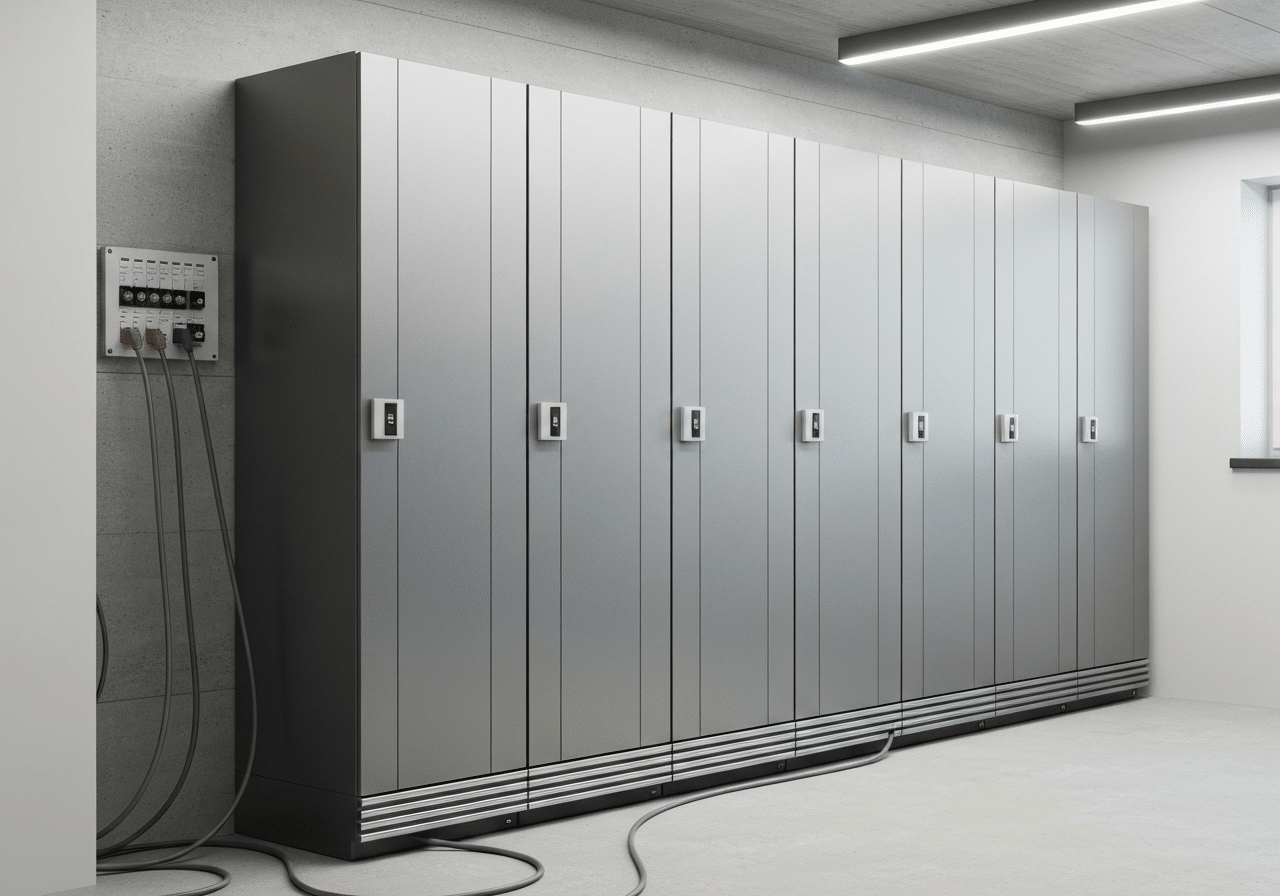 Système de batterie solaire mural moderne installé dans garage d'habitation suisse