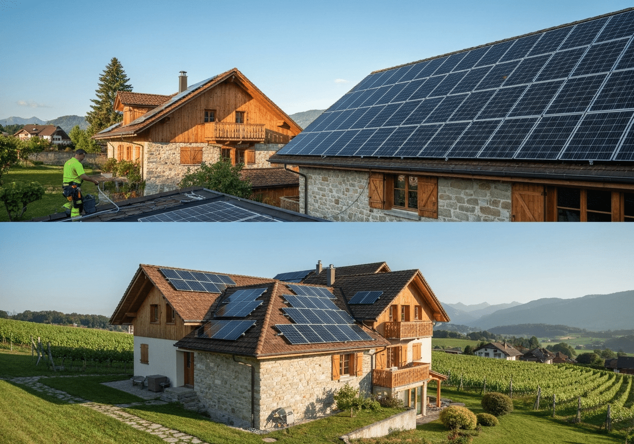 Toitures équipées de panneaux solaires anthracite en Suisse romande, installateur sur chantier, paysage viticole alpin.