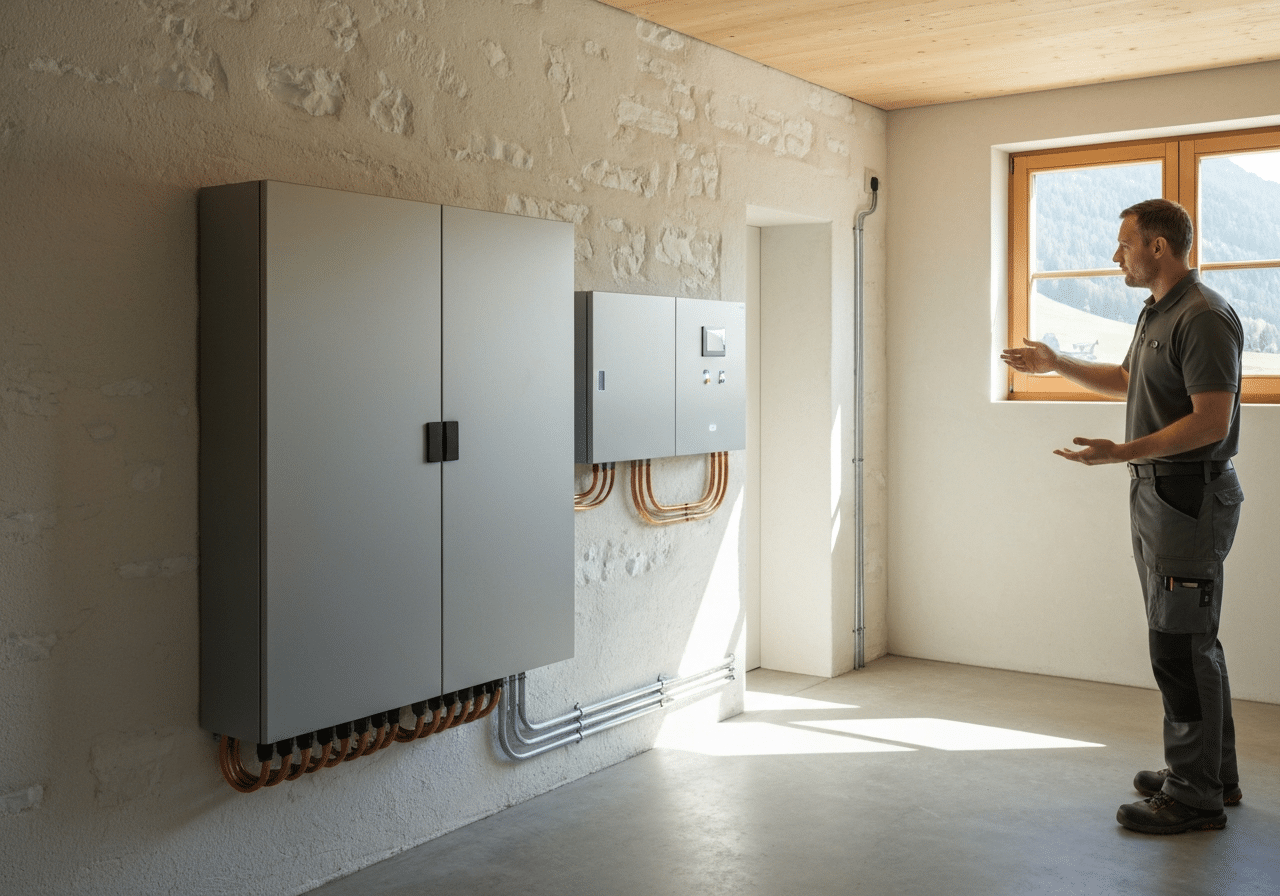 Batterie de stockage mural design dans garage technique suisse, installation solaire intérieure, lumière naturelle.