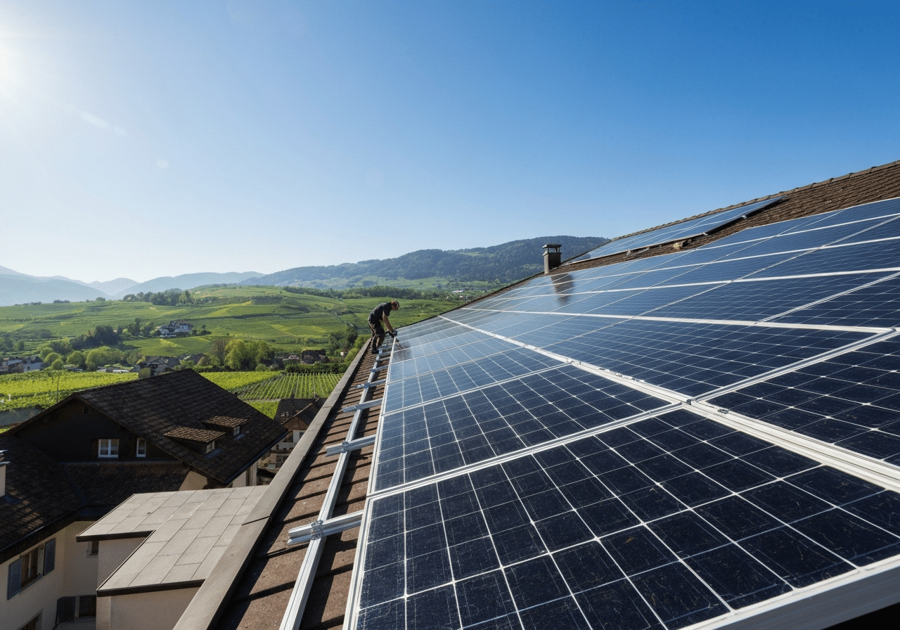 Panneaux solaires photovoltaïques anthracite sur toiture résidentielle suisse, en pleine lumière naturelle, avec installateur professionnel en intervention.