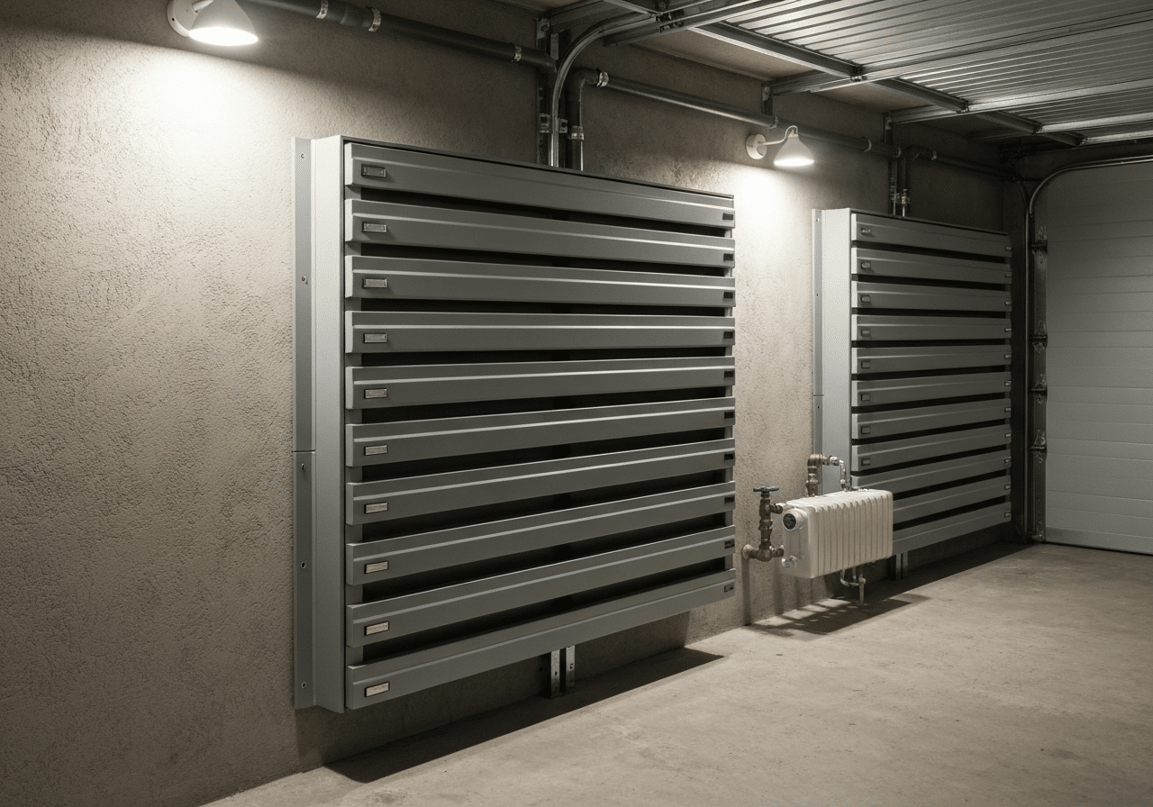 Batterie de stockage murale métal satiné dans local technique lumineux, système intégré solaire complet