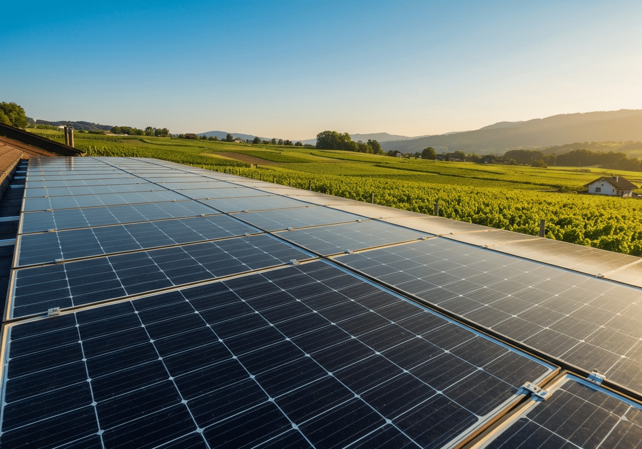 Panneaux solaires photovoltaïques anthracite sur toiture résidentielle en été, ciel dégagé, paysage romand avec vignobles.