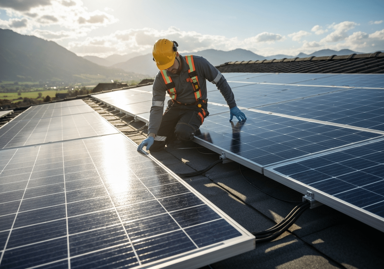 Installateur solaire contrôlant des panneaux photovoltaïques sur une toiture, paysage montagneux romand en arrière-plan.