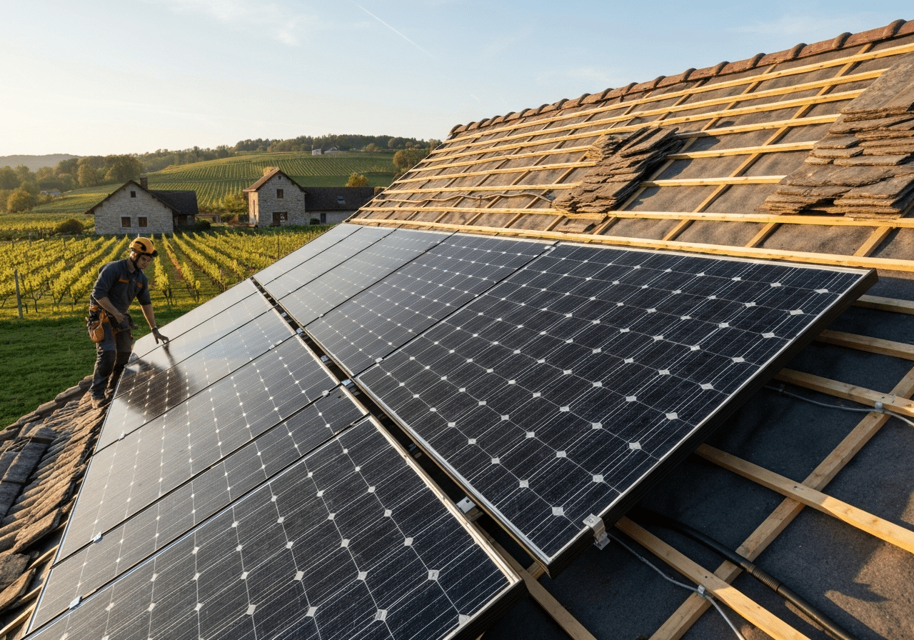 Rénovation de toiture résidentielle en Suisse romande avec panneaux solaires photovoltaïques anthracite intégrés, ouvrier en intervention, paysage rural.