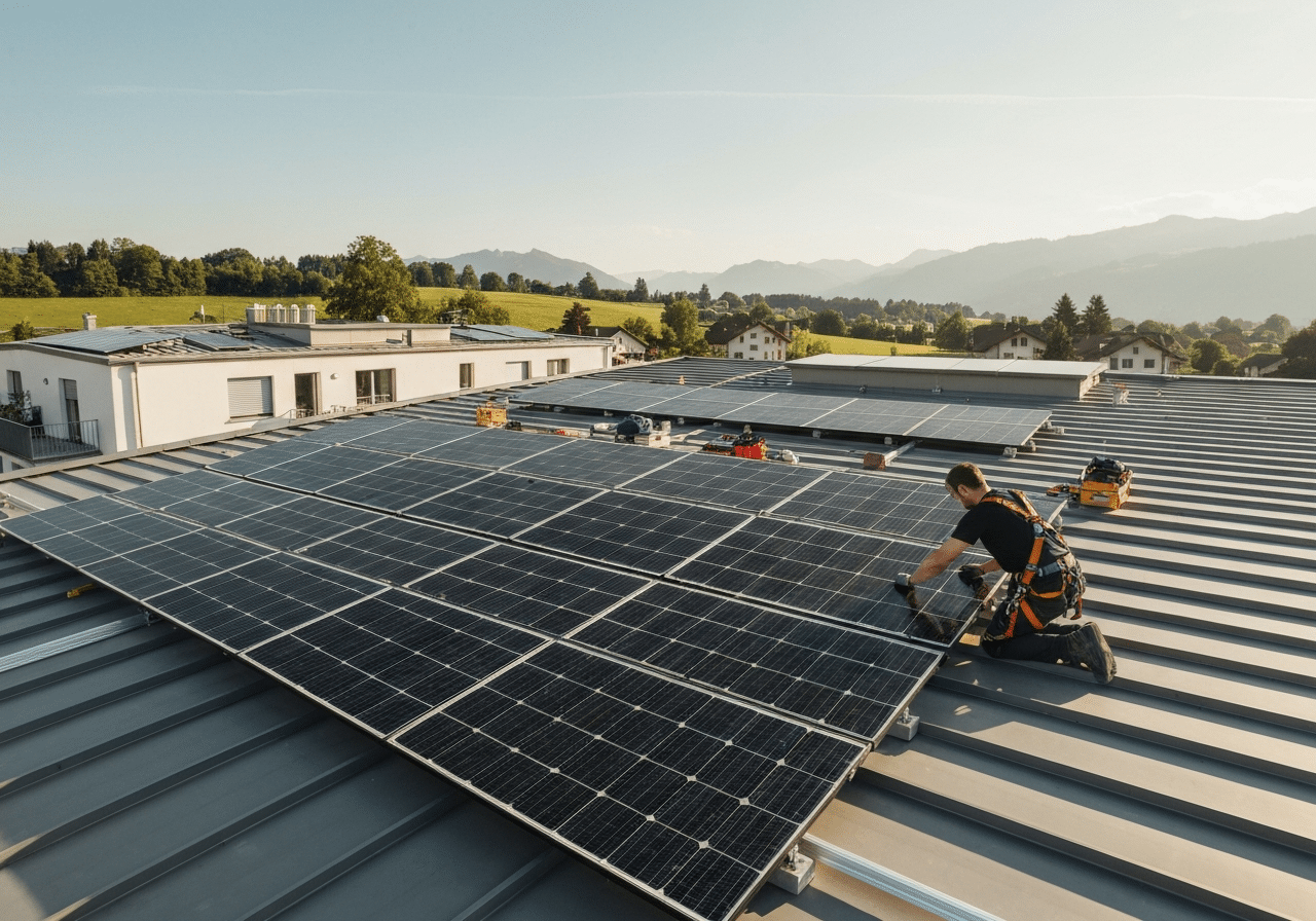 Installation de panneaux solaires sur bâtiment PPE suisse avec techniciens en intervention sécurisée.