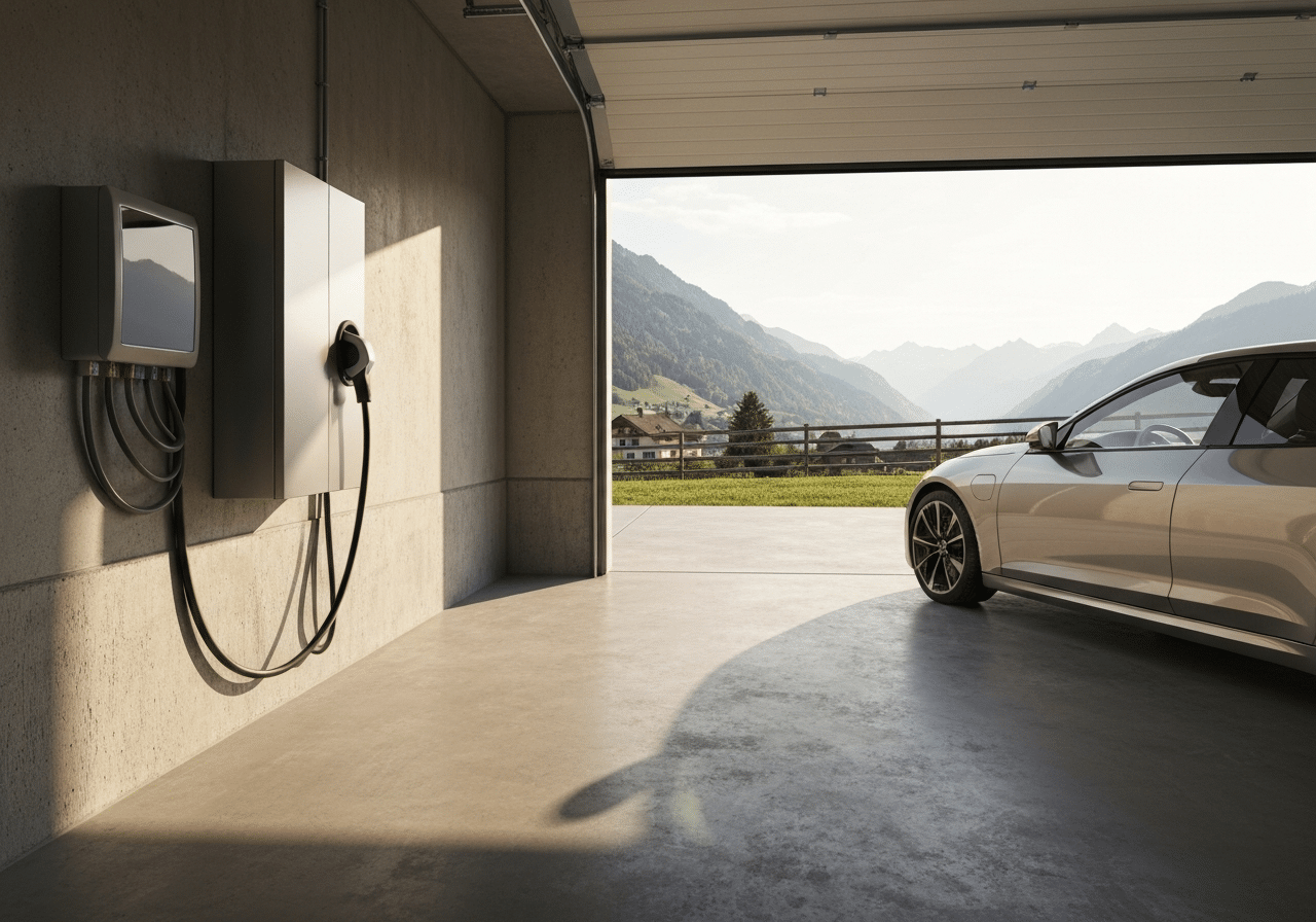 Garage suisse avec véhicule électrique et système de stockage batterie mural moderne