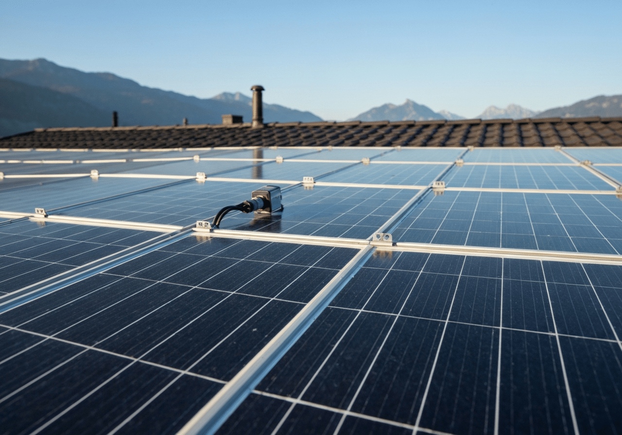 Rangée de panneaux photovoltaïques sur toiture résidentielle avec détails techniques