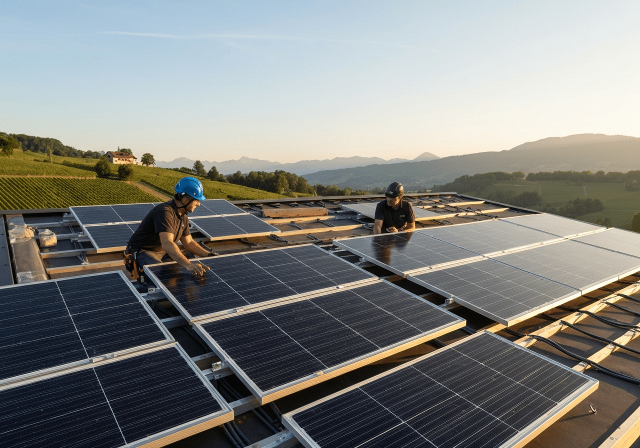 Installateurs examinant des panneaux solaires sur un toit résidentiel en Suisse, lumière naturelle dorée.