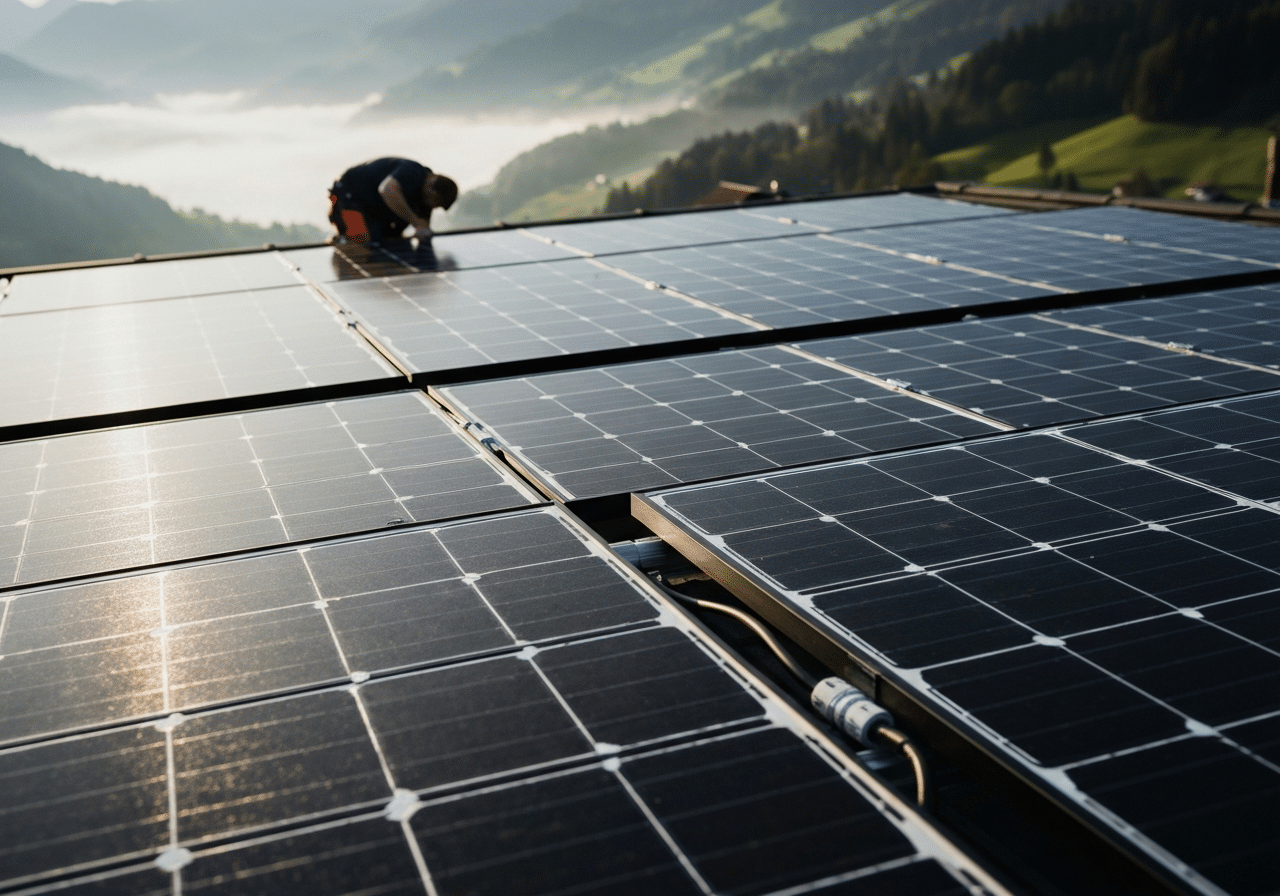 Gros plan sur installation solaire résidentielle en Suisse avec panneaux anthracite et câblage visible.