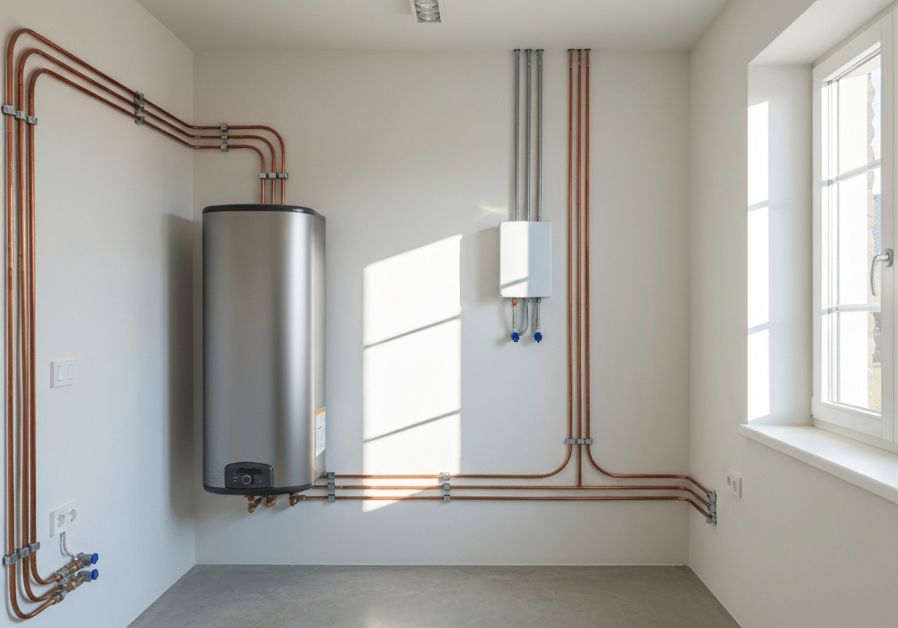 Boiler thermodynamique et batterie stockage dans local technique bien éclairé
