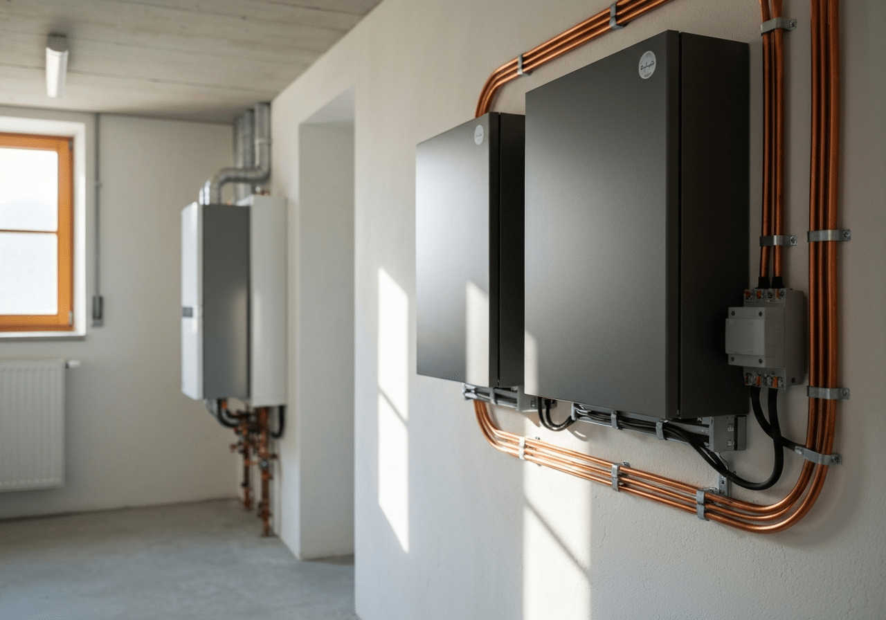 Battery storage system installed in residential technical room with clear daylight and metal fixtures