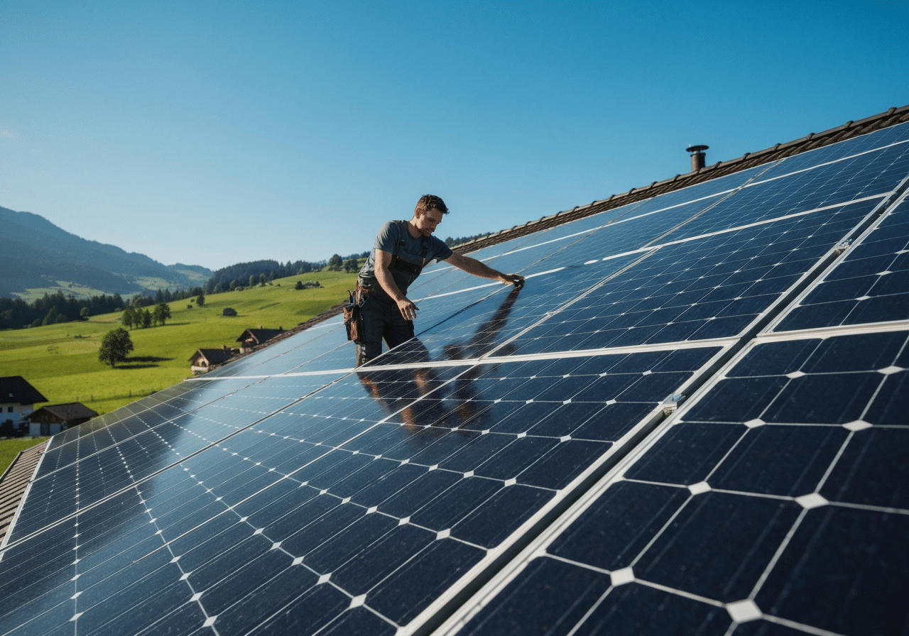 Technicien inspectant des panneaux solaires sur un toit résidentiel alpin en plein jour.