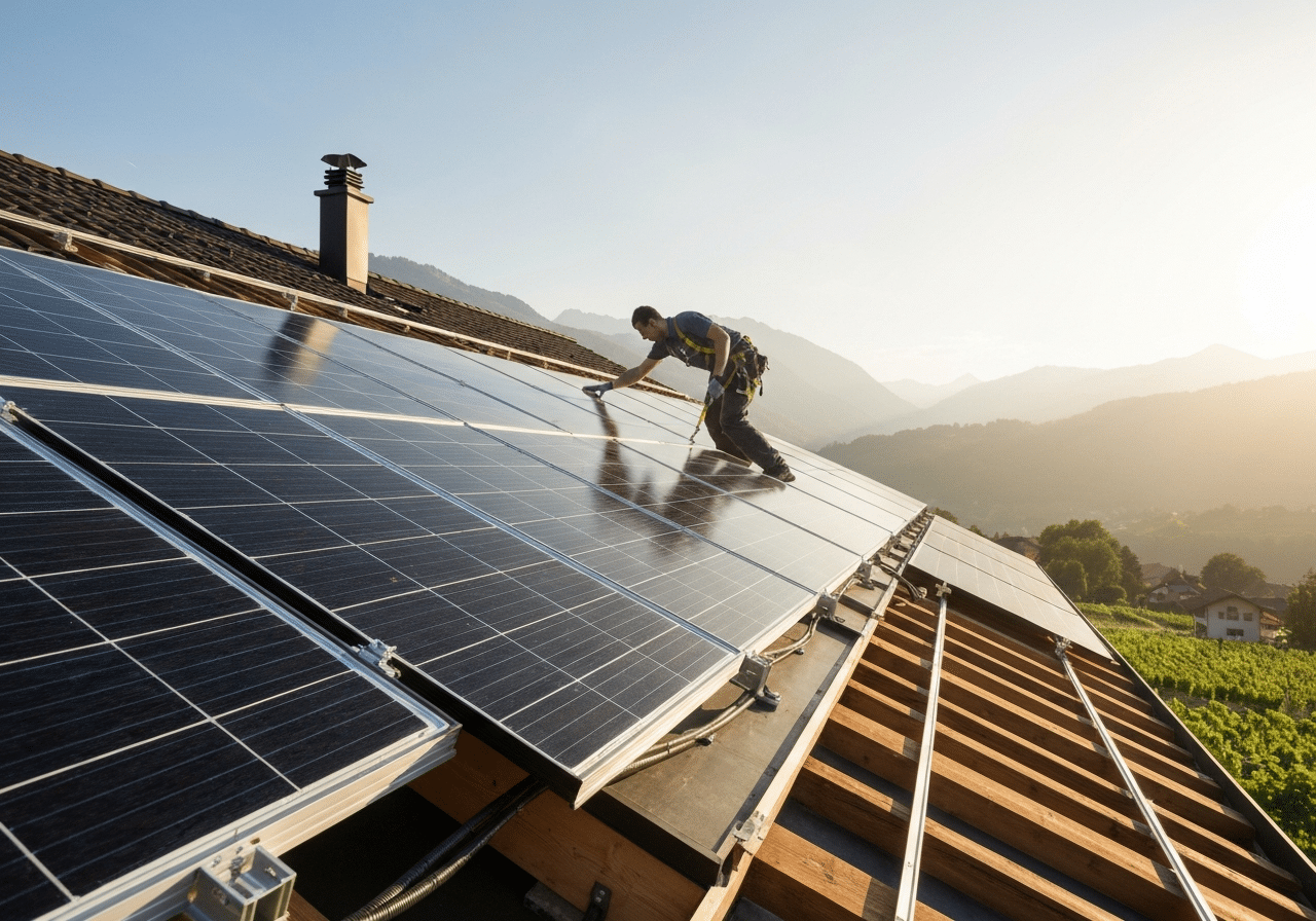 Installateur posant des panneaux solaires sur une maison résidentielle suisse en lumière naturelle.