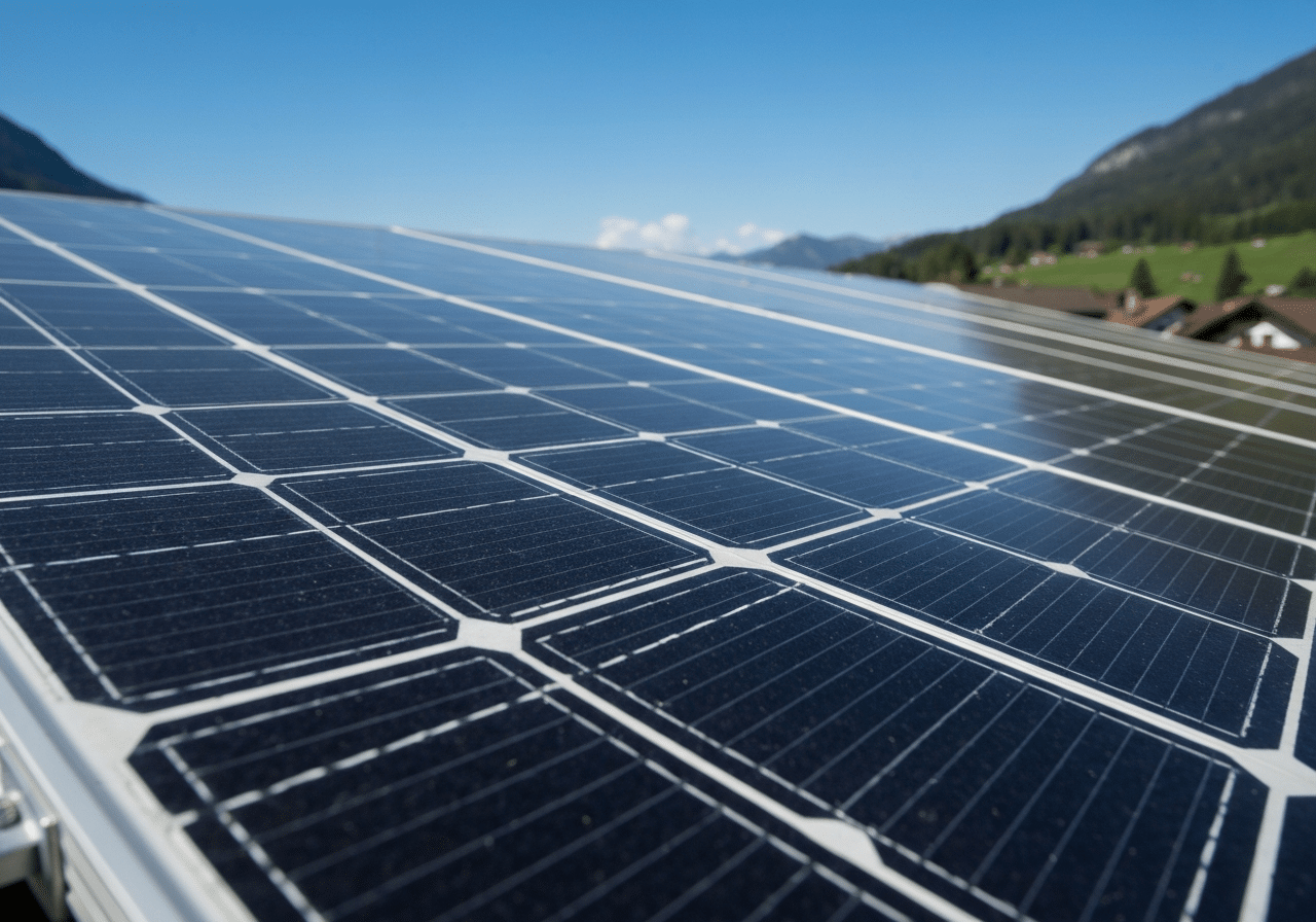 Gros plan sur les cellules photovoltaïques anthracite d'un panneau solaire résidentiel en plein jour.