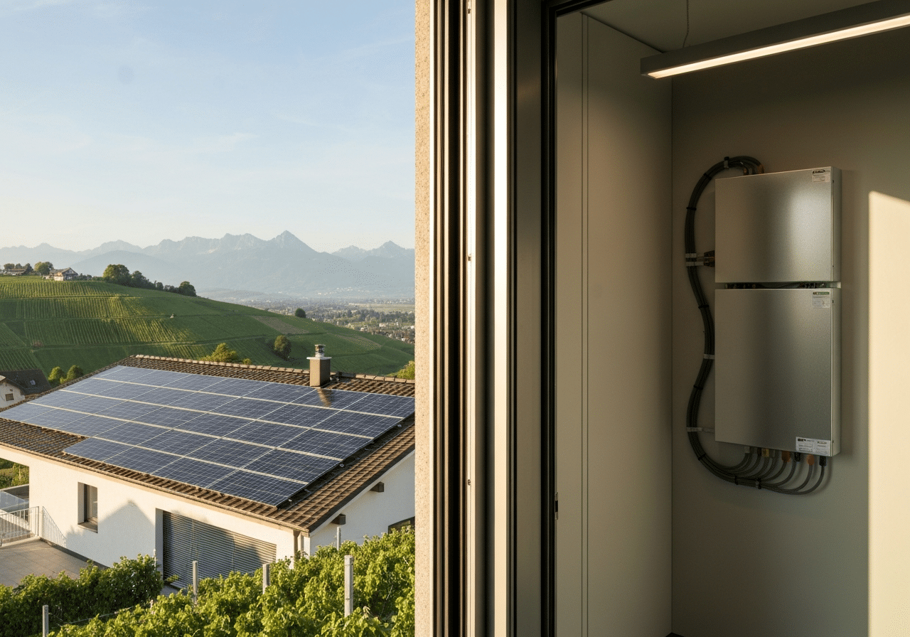 Maison équipée de panneaux solaires avec batteries de stockage visible en arrière-plan, paysage romand.