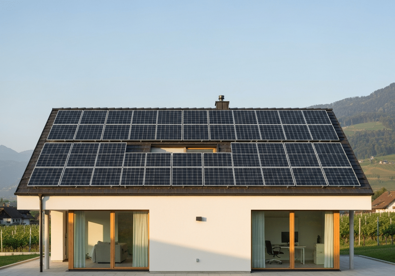 Maison résidentielle suisse avec installation photovoltaïque bien dimensionnée et intérieur lumineux