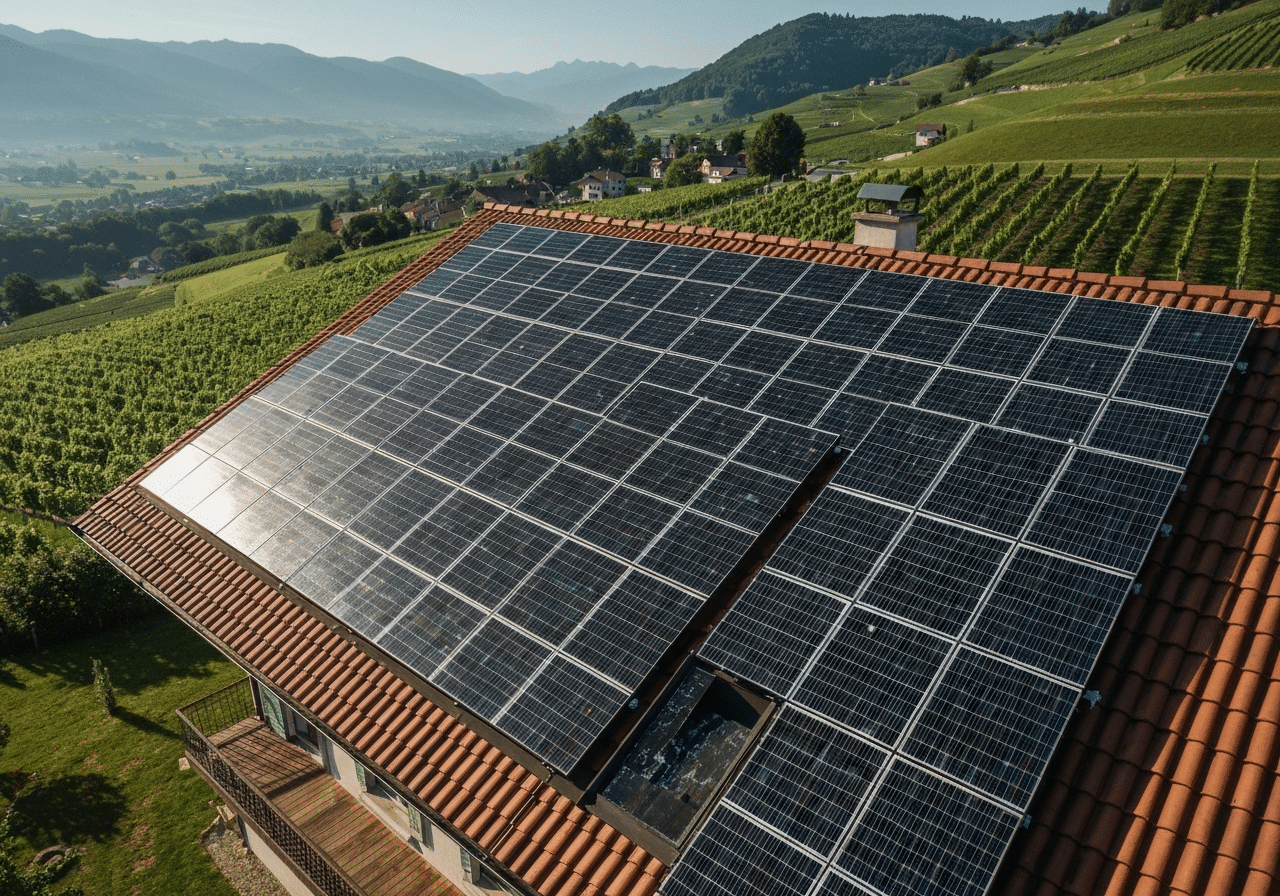 Installation solaire complète sur toiture résidentielle romande, panneaux anthracite intégrés, paysage viticole et collines.