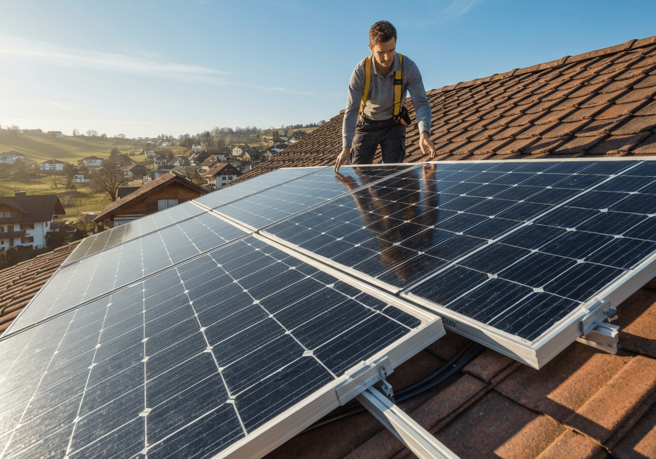 Technicien installateur intervenant sur panneaux solaires de toiture, lumière naturelle vive, contexte suisse romand.