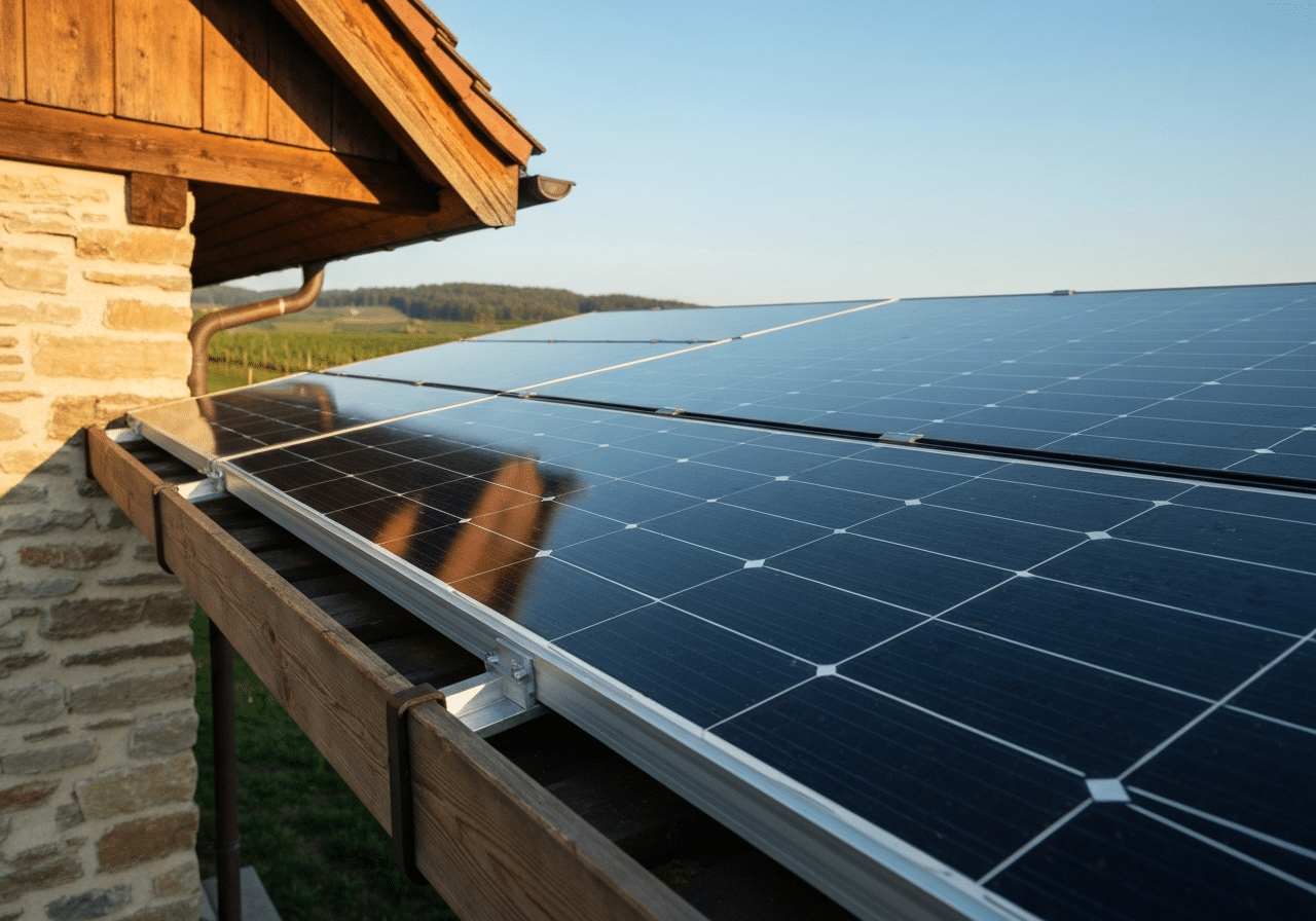 Détail d'un panneau solaire photovoltaïque sur toiture romande, lumière dorée révélant la texture des cellules et les fixations de qualité.
