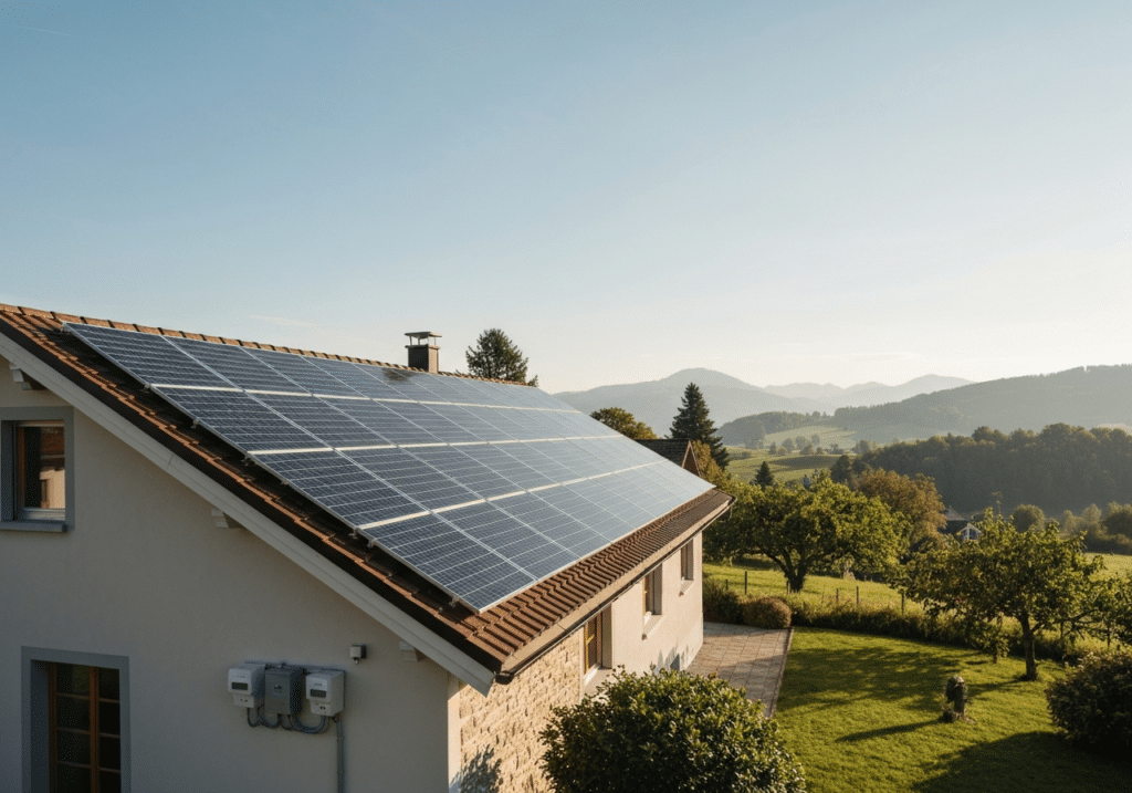 Maison romande équipée d'une installation solaire intégrée, paysage vallonné et ciel dégagé, architecture alpine authentique.