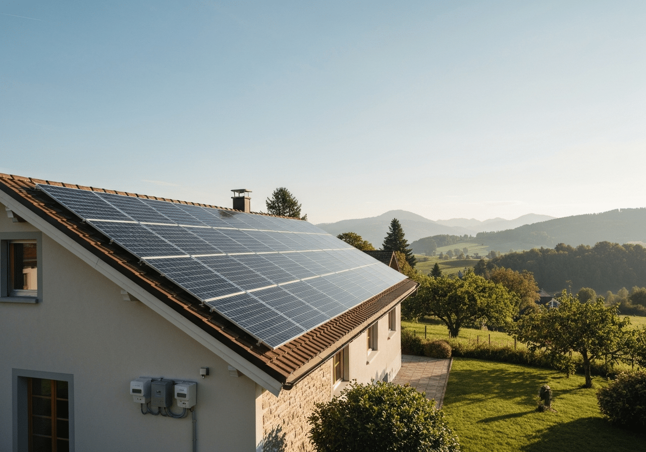 Maison romande équipée d'une installation solaire intégrée, paysage vallonné et ciel dégagé, architecture alpine authentique.