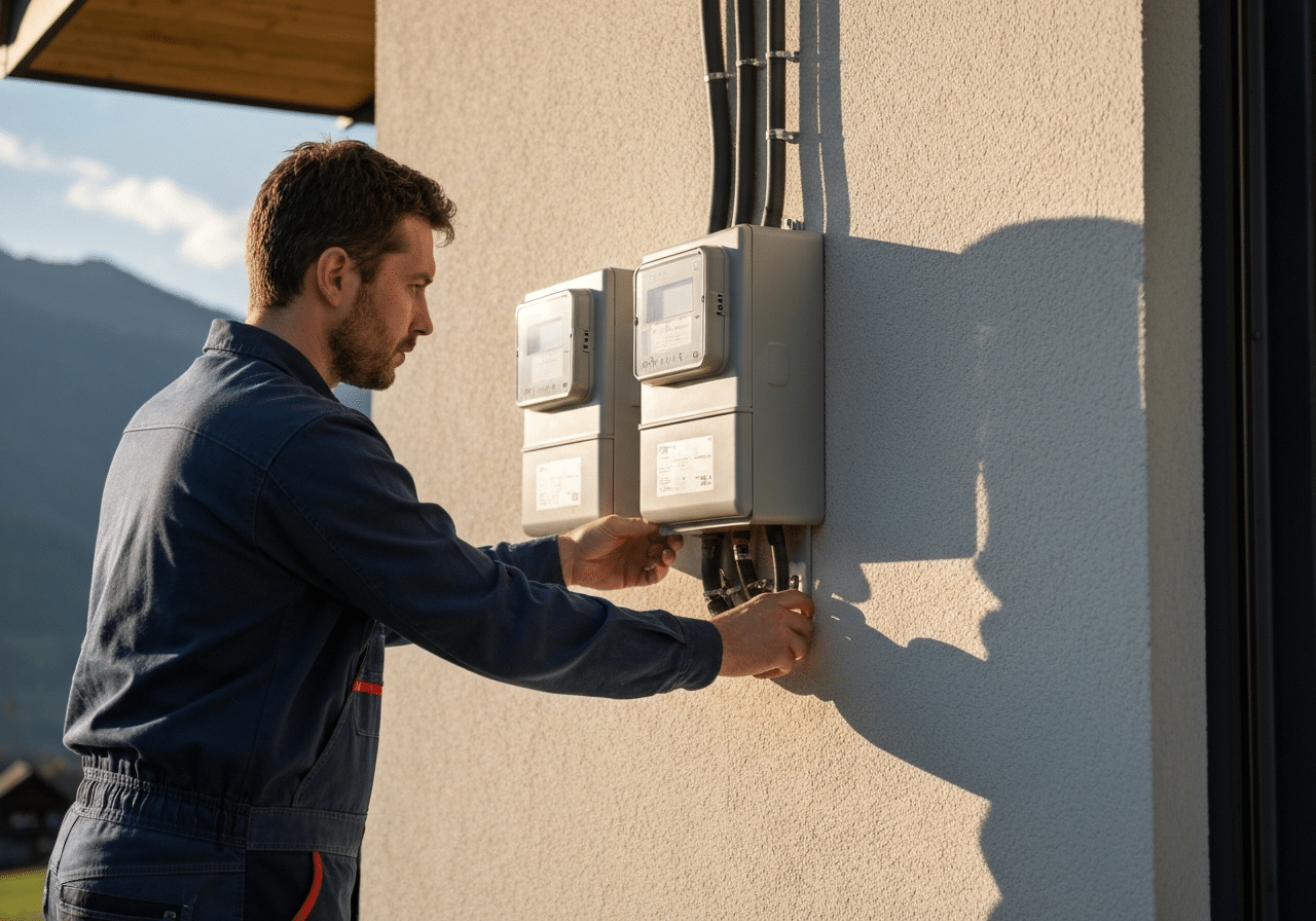 Technicien examine un compteur électrique et les connexions réseau d'une maison suisse moderne à la lumière naturelle
