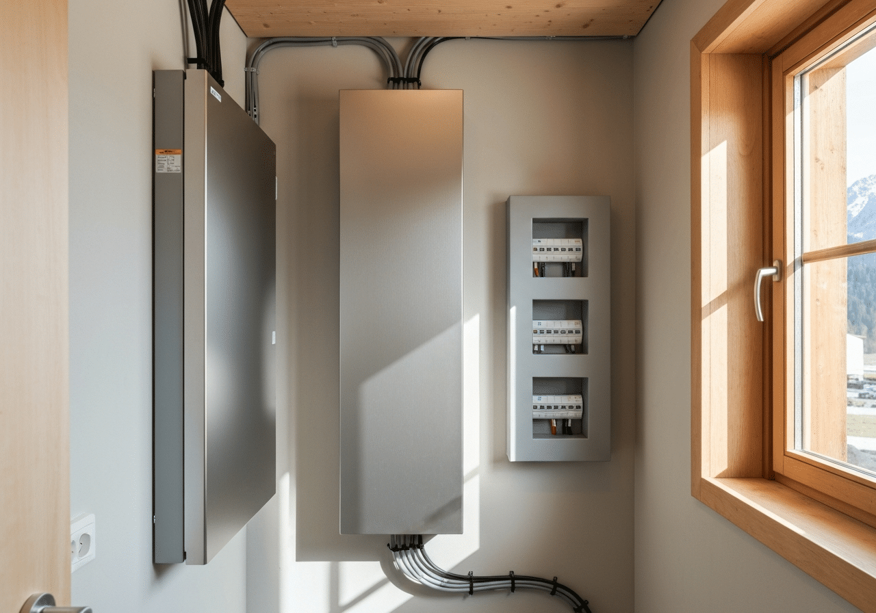 Système de stockage sur batterie mural et tableau électrique dans une buanderie suisse, éclairage naturel chaleureux