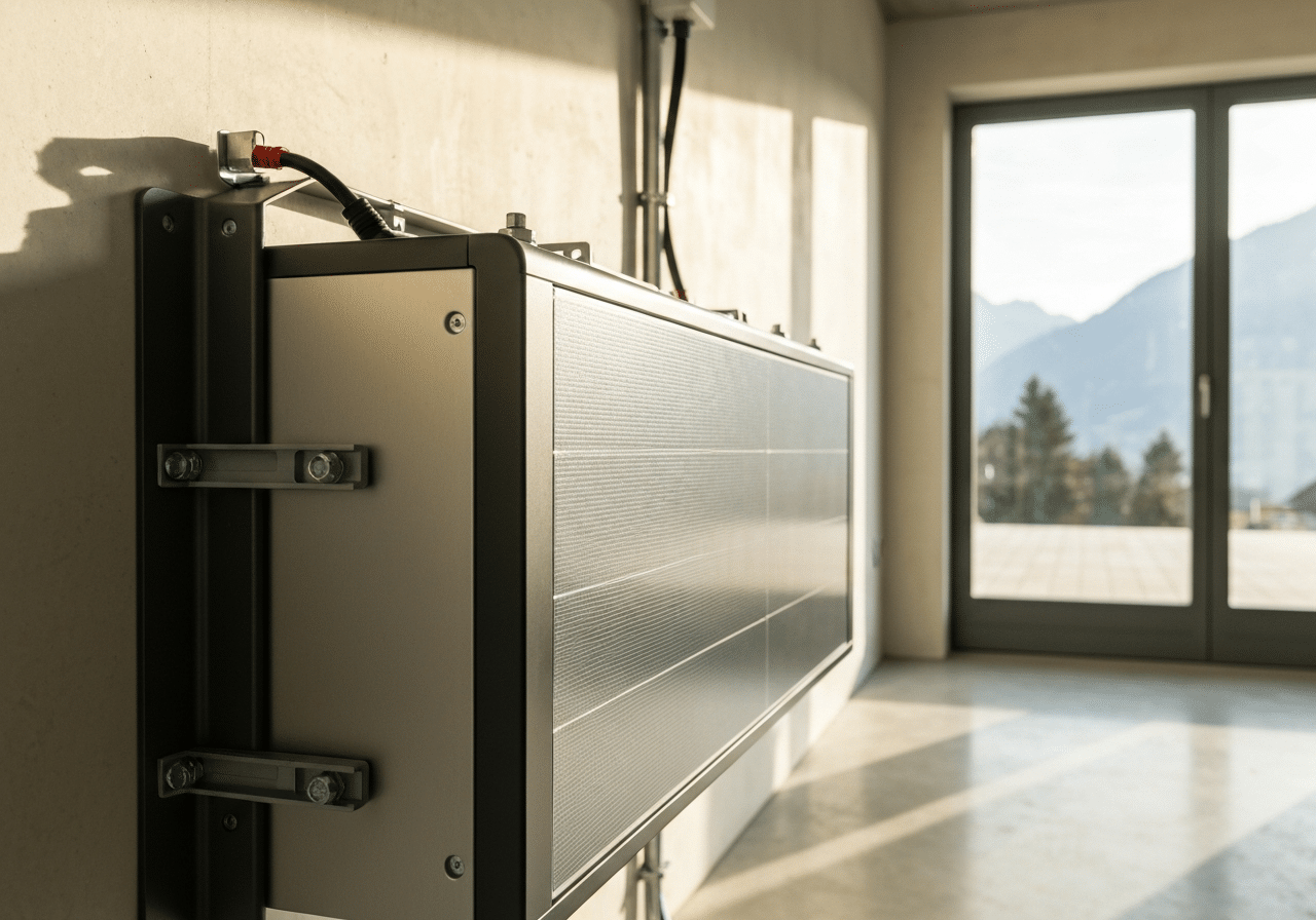 Batterie solaire murale design moderne en garage résidentiel suisse, bien éclairée par lumière naturelle