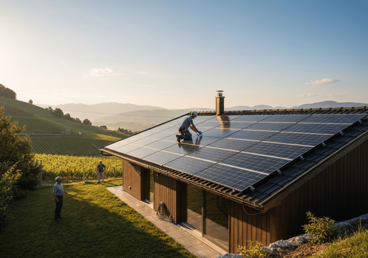Installation de panneaux solaires sur toiture résidentielle suisse avec technicien au travail, paysage alpin ensoleillé