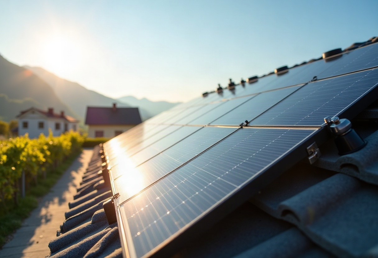Faut-il installer une batterie en même temps que les panneaux solaires ? 1 Panneaux solaires photovoltaïques anthracite sur toiture résidentielle romande, lumière naturelle, détails des modules et paysage montagneux.