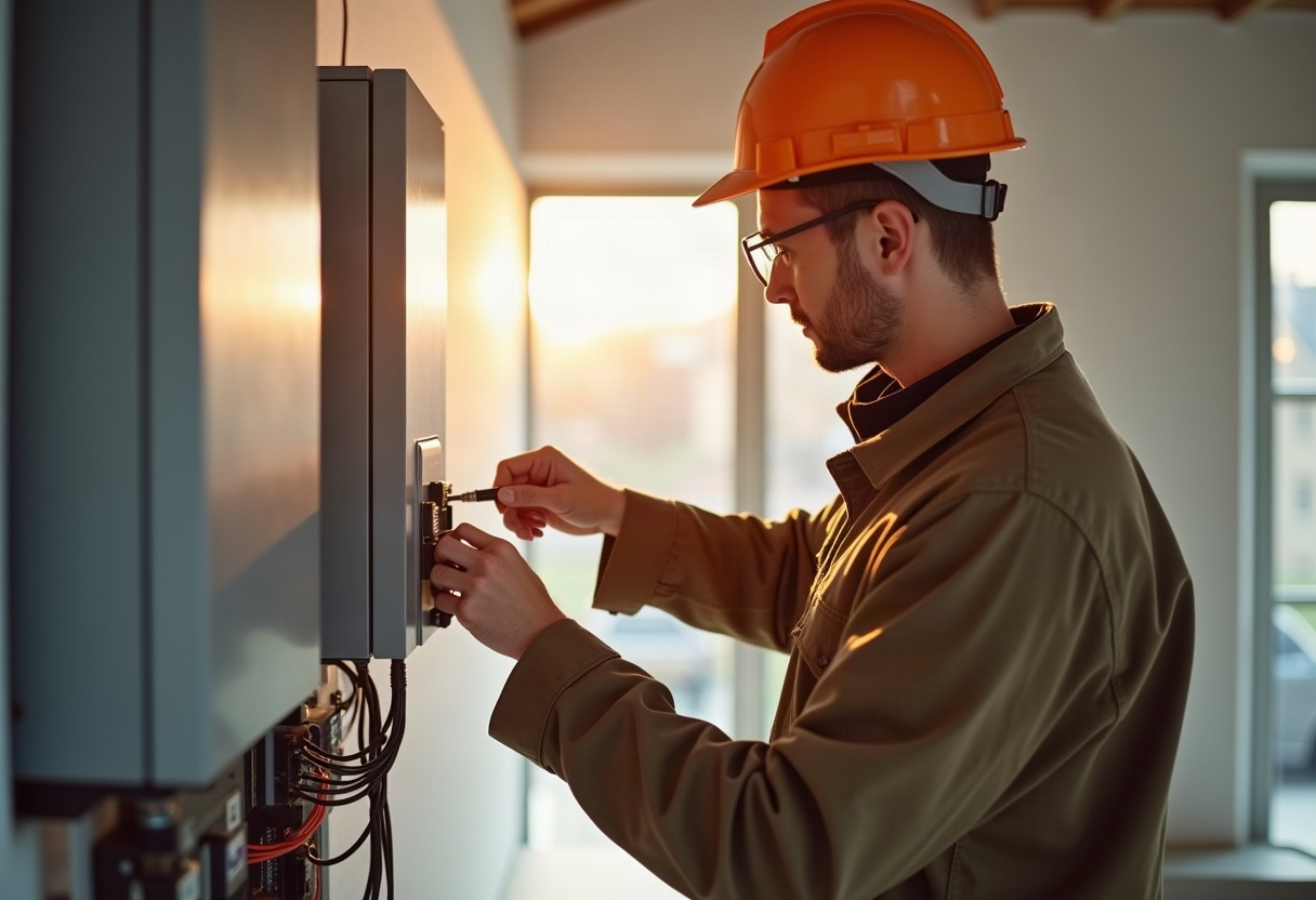 Batterie haute tension ou basse tension : laquelle choisir pour votre installation solaire ? 1 Électricien installant et testant une batterie de stockage solaire murale dans une buanderie résidentielle bien éclairée.