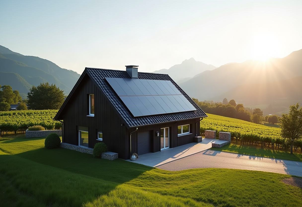 Batterie haute tension ou basse tension : laquelle choisir pour votre installation solaire ? 2 Maison suisse équipée de panneaux solaires anthracite avec système de stockage visible, paysage romand ensolleillé.