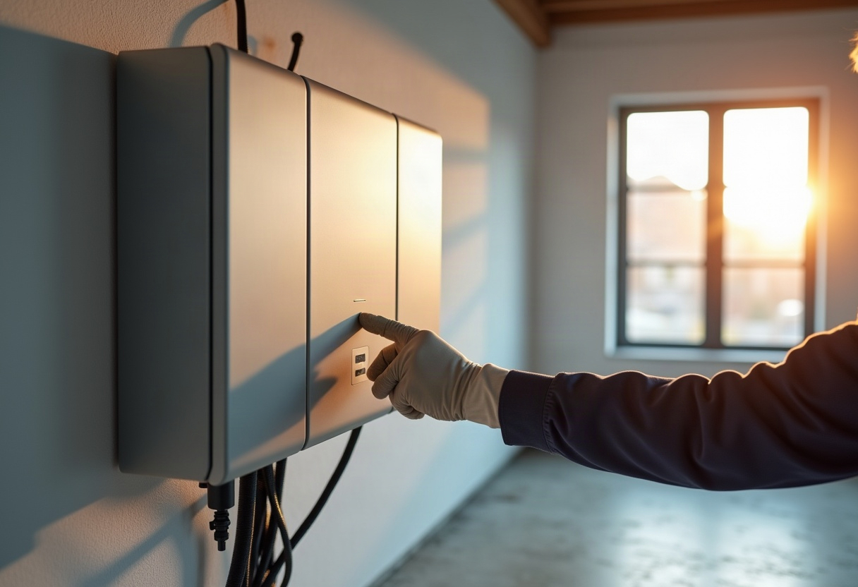 Technician inspecting wall-mounted battery storage unit in well-lit residential garage