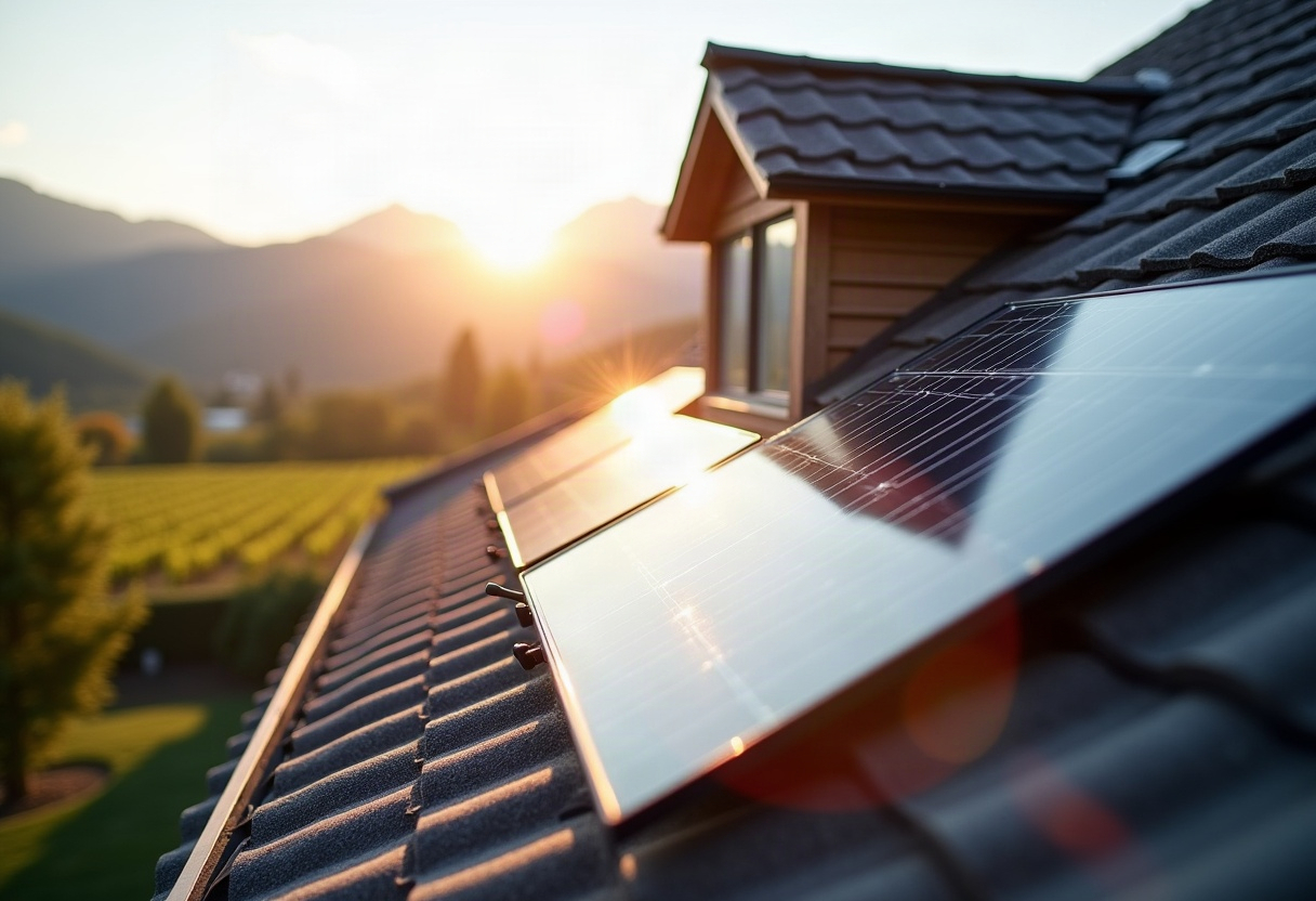 Solar panels on residential rooftop with battery storage system visible, Alpine landscape