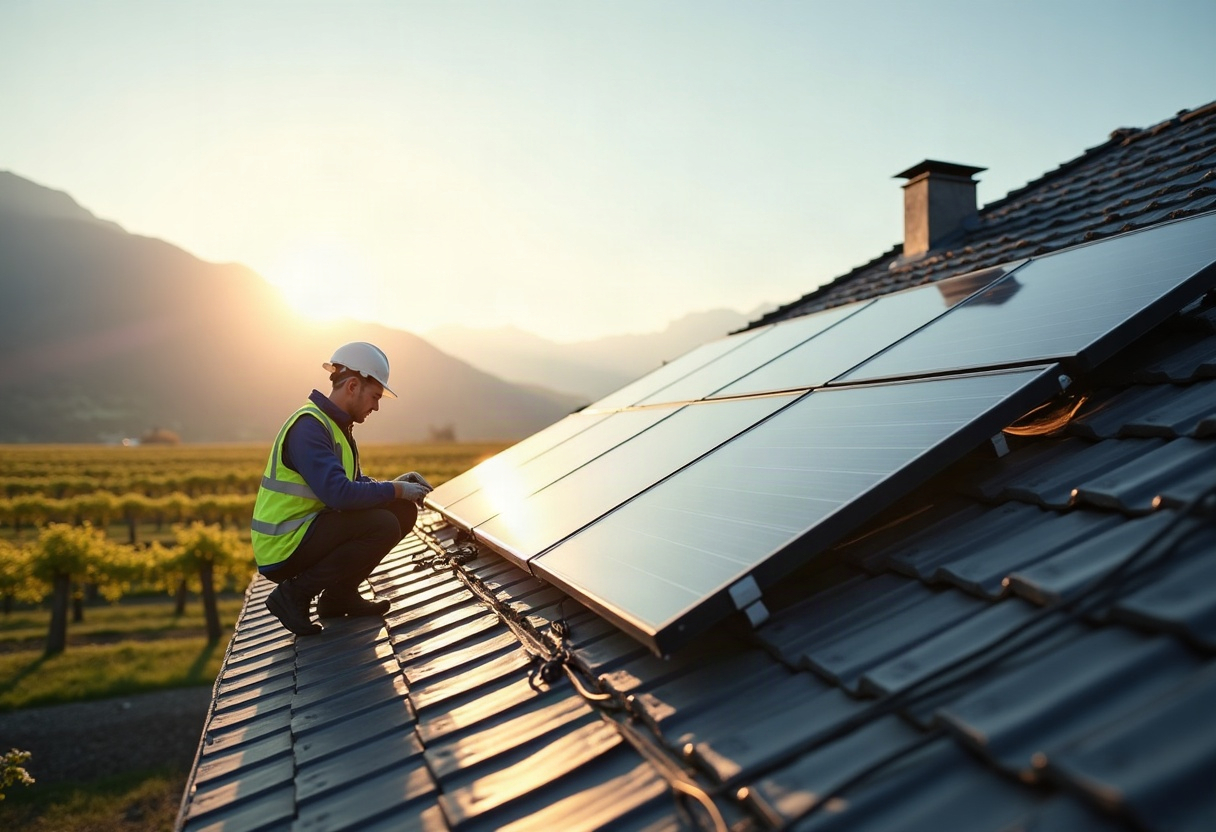 AC Coupling ou DC Coupling : quelle architecture choisir pour ajouter une batterie à votre installation solaire ? 1 Technicien inspectant les connexions électriques d'une installation solaire résidentielle suisse
