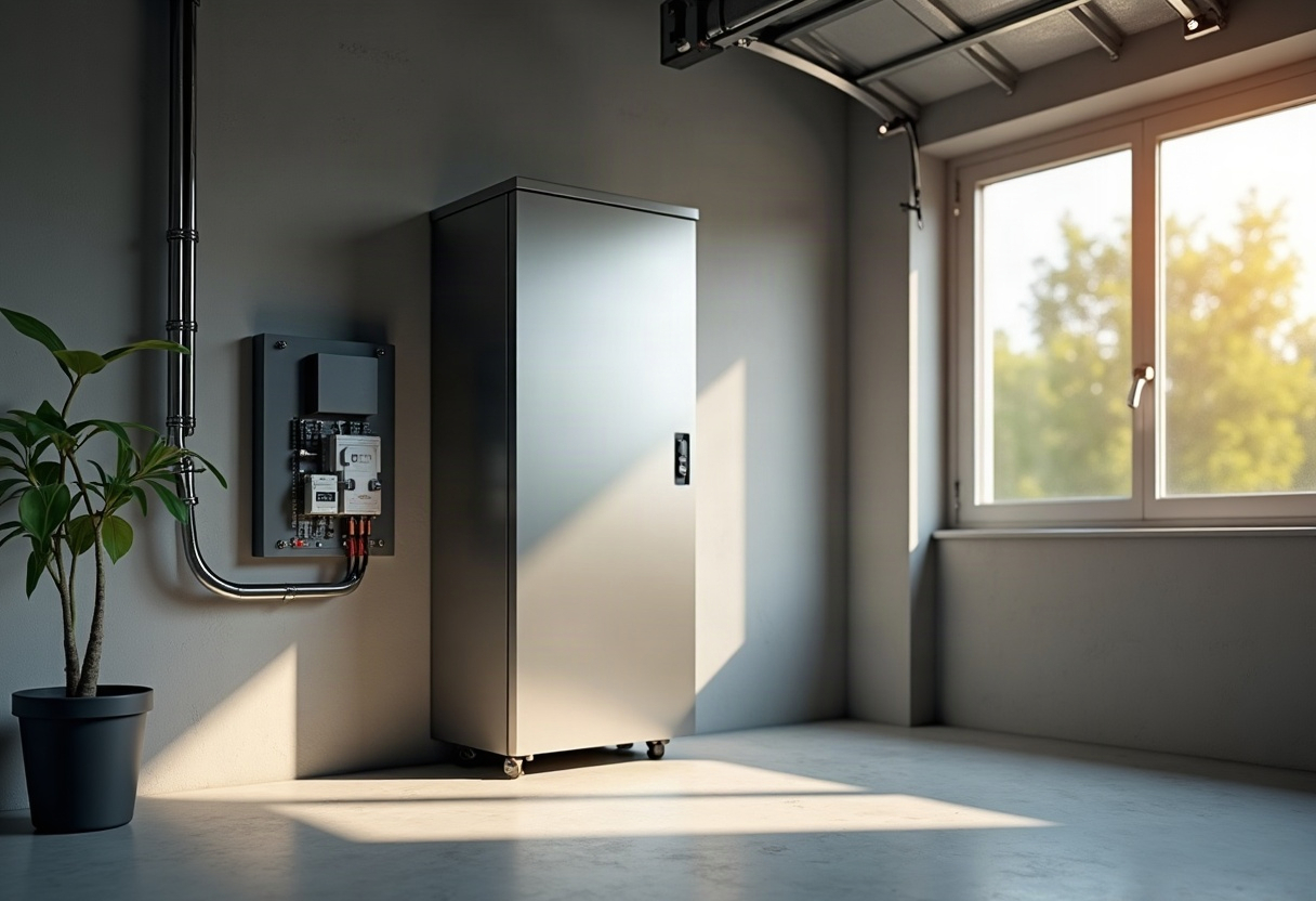 AC Coupling ou DC Coupling : quelle architecture choisir pour ajouter une batterie à votre installation solaire ? 2 Unité de stockage par batterie murale avec connexions AC/DC dans un garage résidentiel suisse
