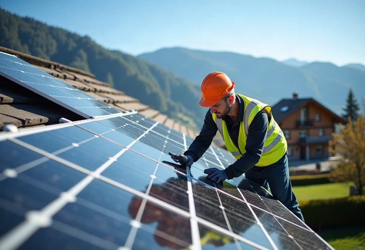 Technicien inspectant l'installation solaire sur toiture résidentielle suisse sous ciel dégagé et lumière naturelle.