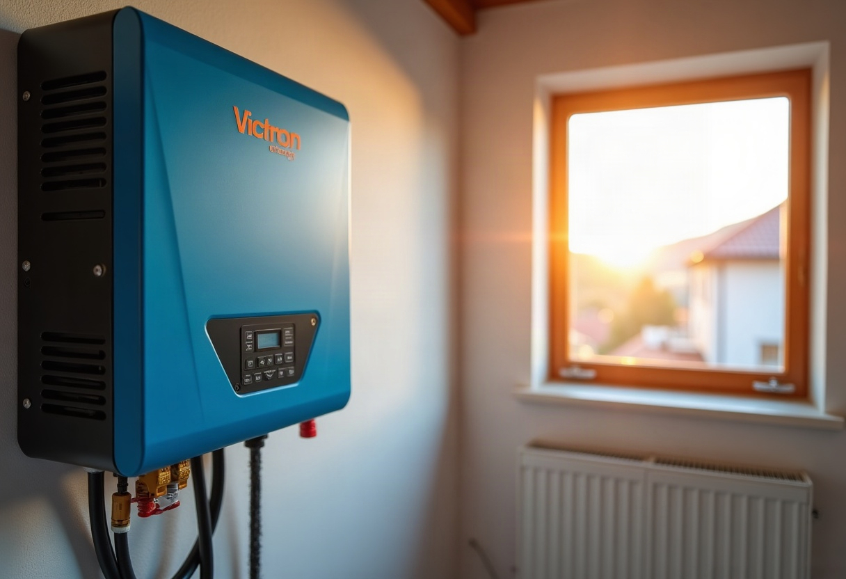 Victron vs onduleur hybride classique : pourquoi le choix de l'architecture change tout 1 Onduleur Victron Energy installé dans une buanderie résidentielle suisse, bien éclairé par lumière naturelle.