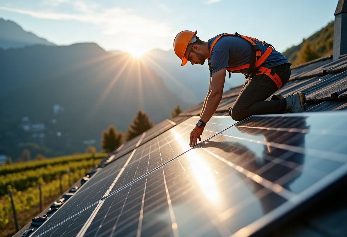 Victron Energy : les vrais avantages et les vraies limites avant de vous décider 1 Technicien en sécurité installant des panneaux solaires anthracite sur toit résidentiel alpin, paysage suisse distinct.