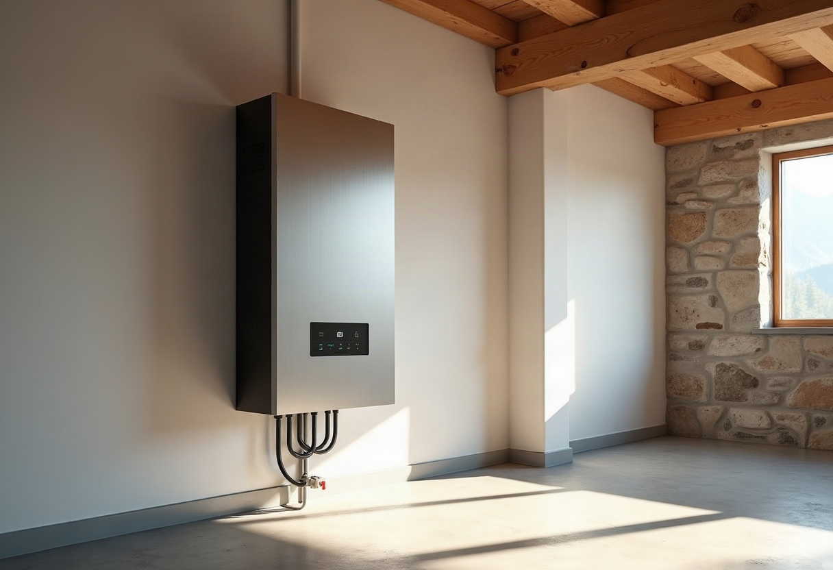Victron Energy : les vrais avantages et les vraies limites avant de vous décider 2 Batterie de stockage design mural en local technique suisse, châssis métal satiné, lumière naturelle équilibrée.