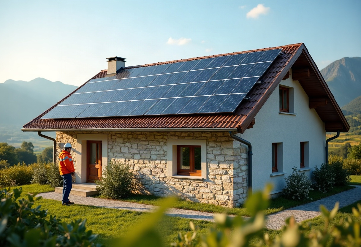 Technicien inspectant les connexions d'une installation solaire résidentielle suisse avec paysage romand en arrière-plan.