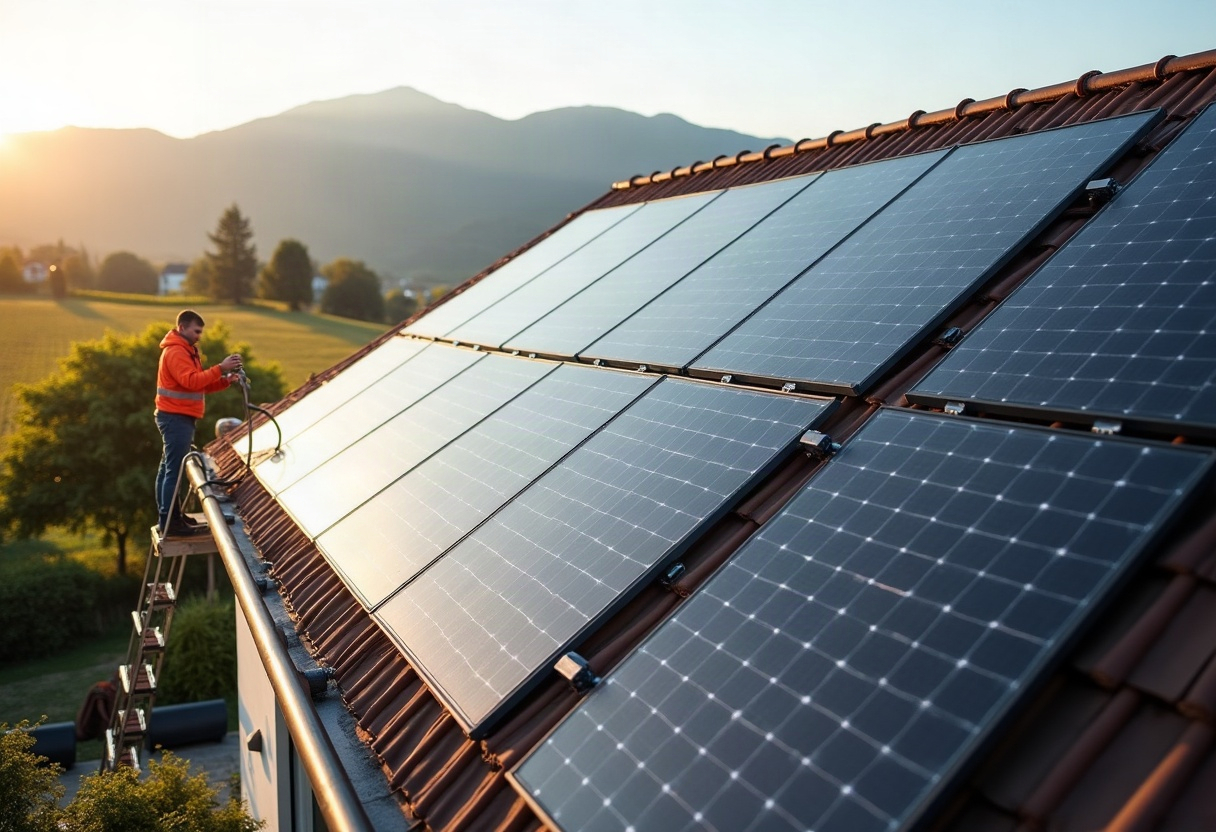 Qu'est-ce qu'un Cerbo GX et à quoi sert-il dans une installation solaire avec batterie ? 2 Installation photovoltaïque résidentielle suisse avec panneaux anthracite et paysage romand en arrière-plan.