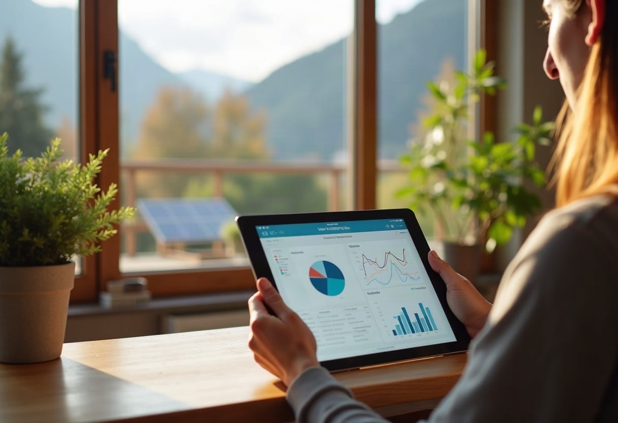 Propriétaire consultant son suivi énergétique sur tablette dans un intérieur lumineux avec vue sur panneaux solaires.