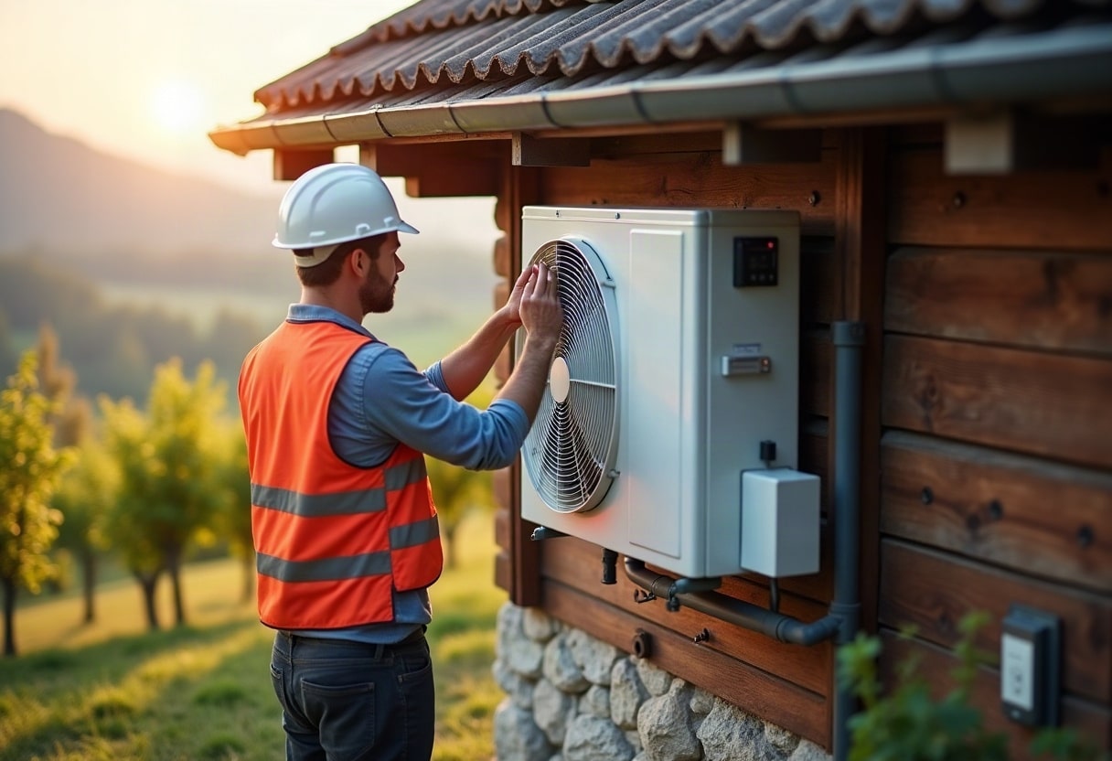 Technicien ajustant une pompe à chaleur moderne avec panneaux solaires visibles sur la toiture en arrière-plan