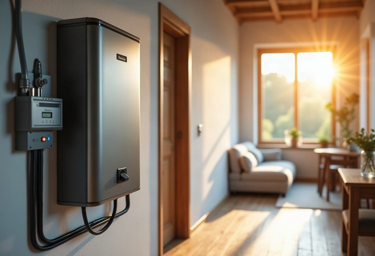 Salle technique résidentielle avec batterie de stockage et système de contrôle de pompe à chaleur intégrés