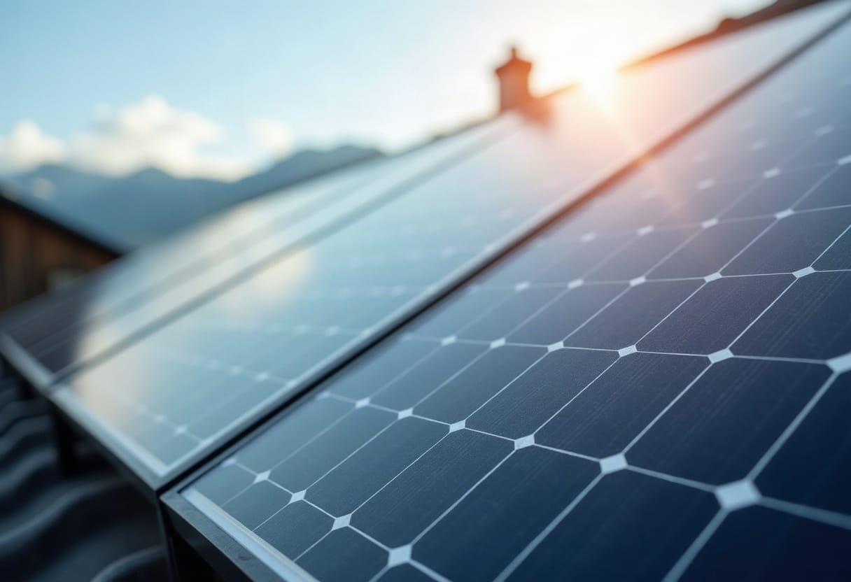 Gros plan sur des panneaux solaires résidentiels suisses éclairés naturellement, texture anthracite visible.