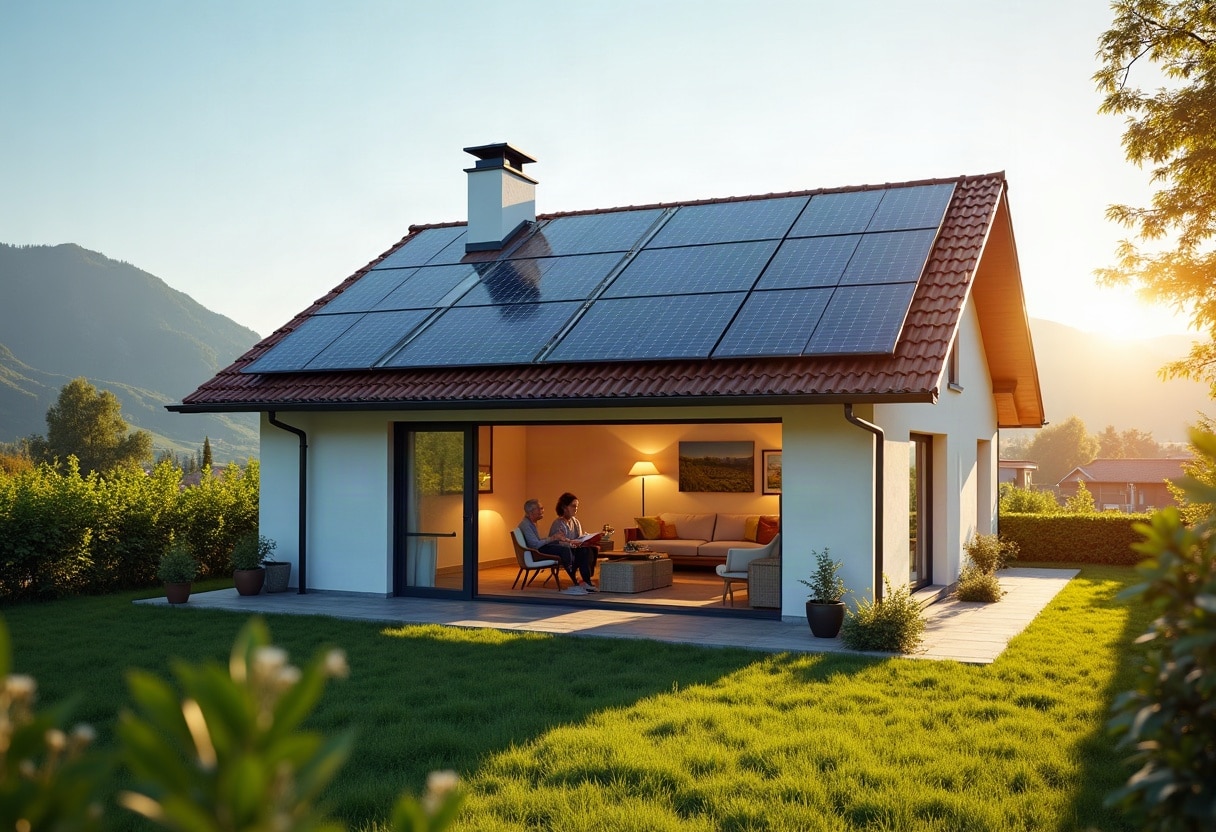 Maison solaire résidentielle suisse en jour clair, panneaux photovoltaïques anthracite sur toiture, pièce intérieure bien éclairée naturellement.