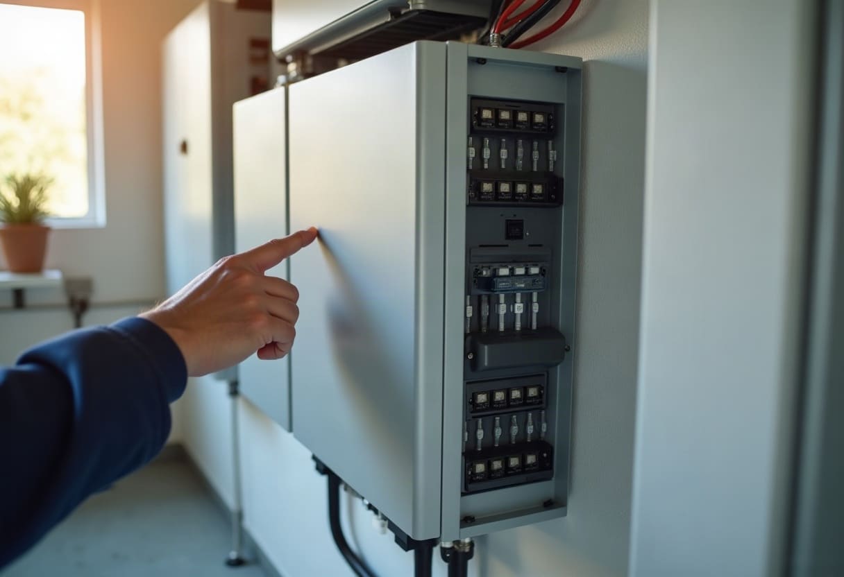 Système de stockage d'énergie mural en finition métal satiné, installation technique soignée en garage propre avec câblage organisé.