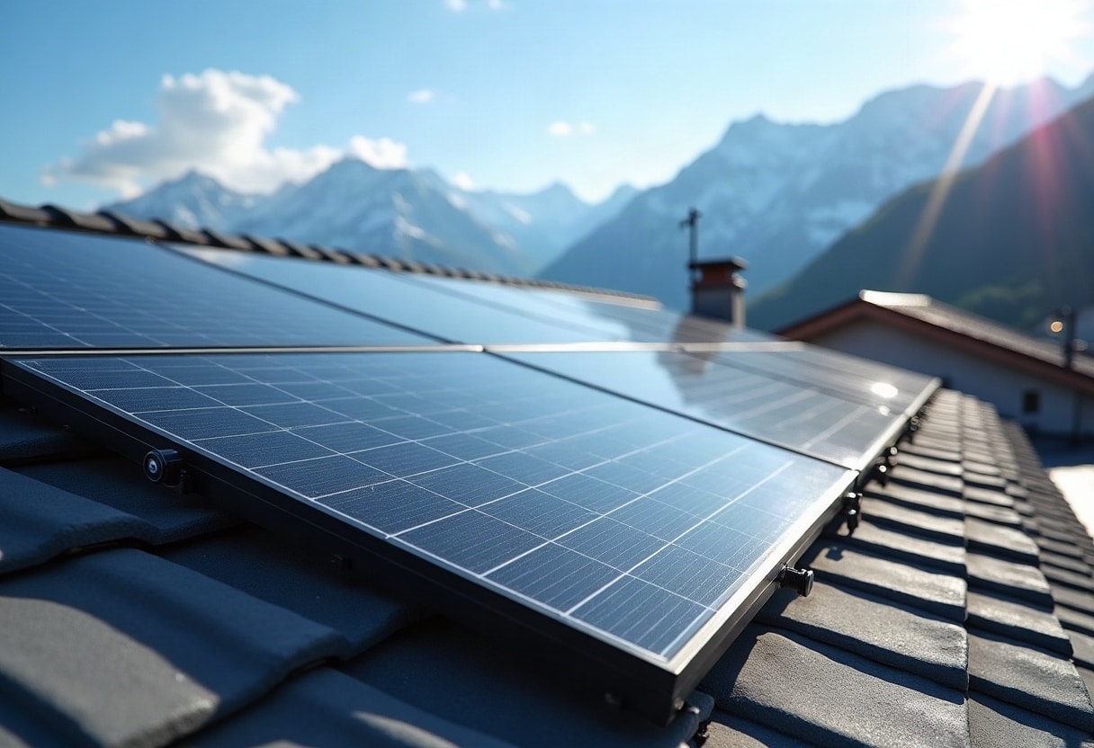 Gros plan sur panneaux solaires anthracite bien exposés avec paysage alpin suisse en arrière-plan